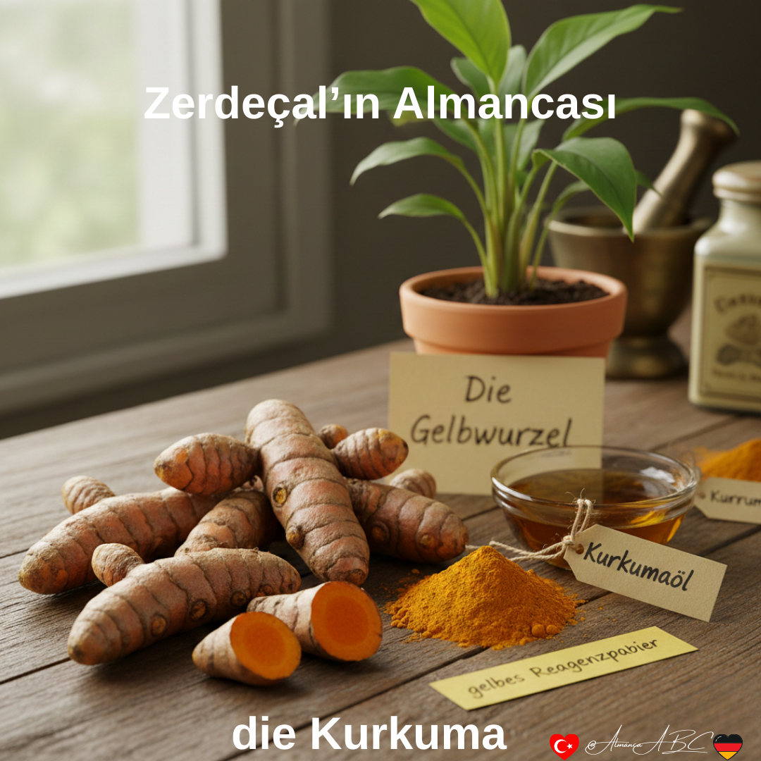 Zerdeçal’ın Almancası: die Kurkuma'dır. Alternatif olarak, kelime anlamı "sarı kök" olan die Gelbwurz veya die Gelbwurzel