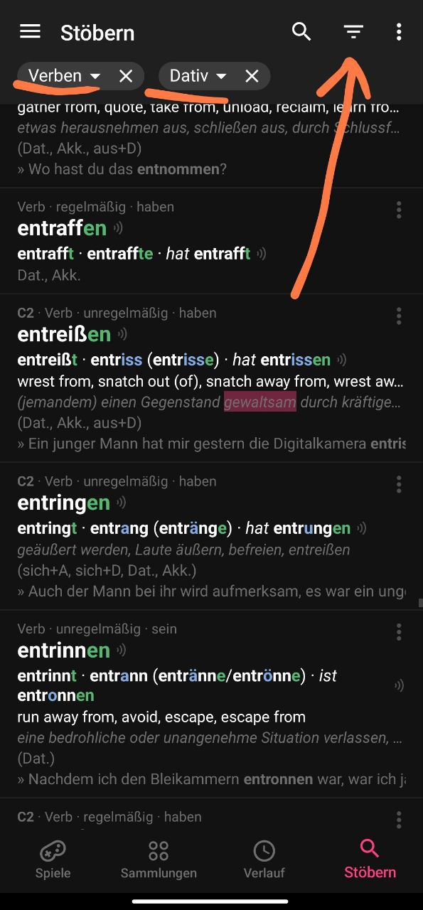 Netzverb Almanca S&ouml;zl&uuml;kte Dativ (fiil) kelimeleri filtreleyerek tamamını g&ouml;rme