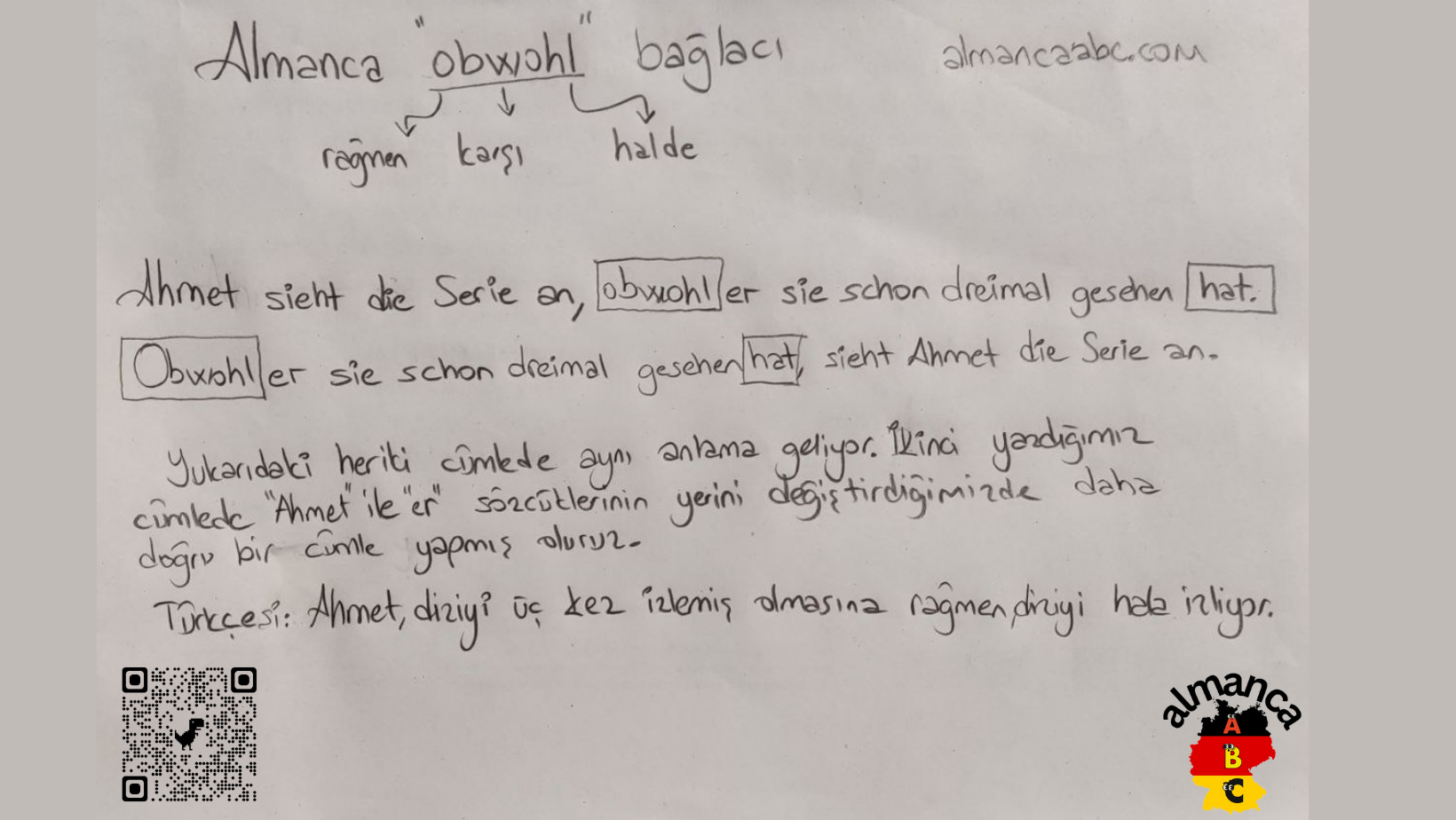 Almanca obwohl (rağmen, karşı) kullanımına örnek cümle.