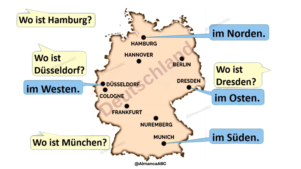 Almanca ana y&ouml;nler ve ara y&ouml;nler (Die Himmelsrichtungen) Almanya Haritasında Deutschland
