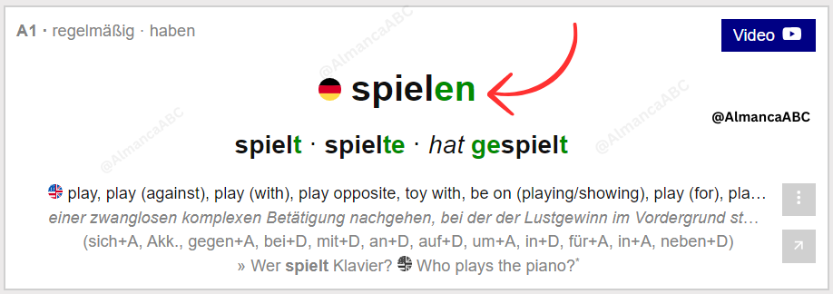 Almanca fiil çekimi yapılacak kelimeyi sözlükte bulduk örnek spielen @AlmancaABC