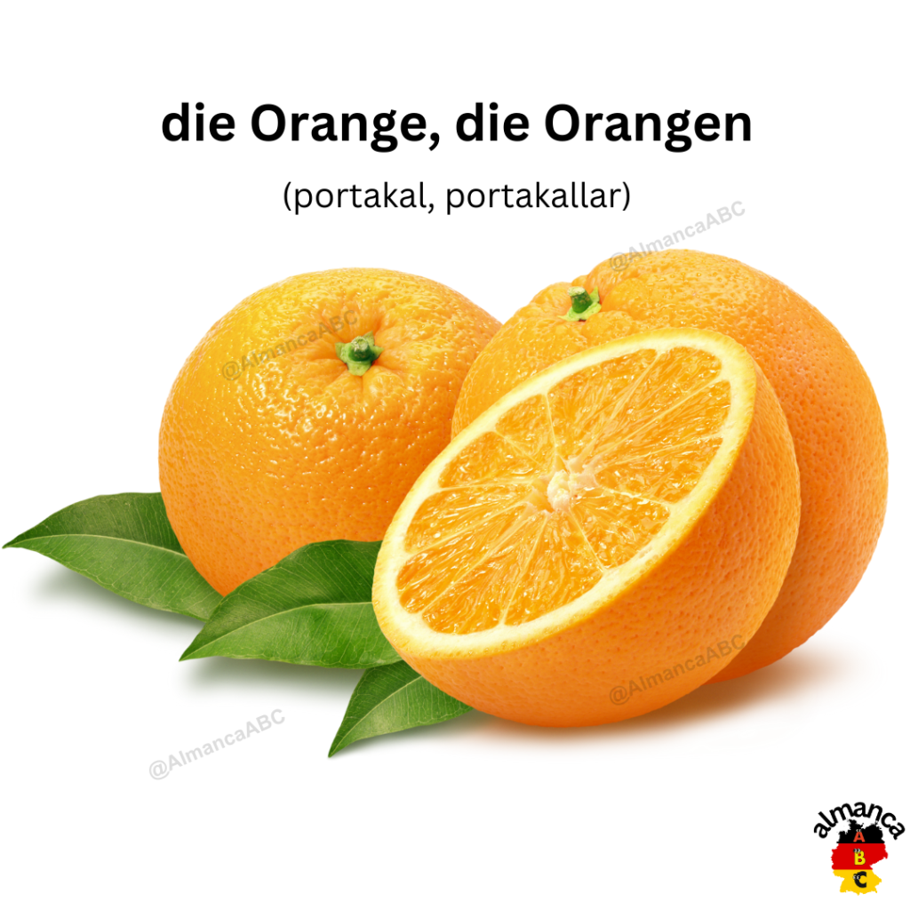 Almanca: die Orange, die Orangen (Türkçe: portakal, portakallar)