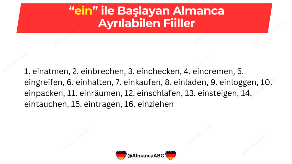 ein ile Başlayan Almanca Ayrılabilen Fiiller