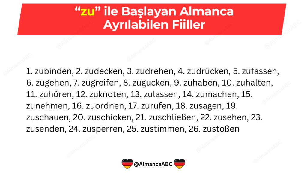 zu ile Başlayan Almanca Ayrılabilen Fiiller