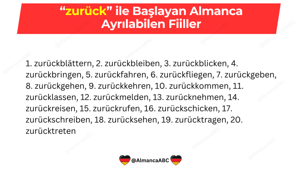 zur&uuml;ck ile Başlayan Almanca Ayrılabilen Fiiller