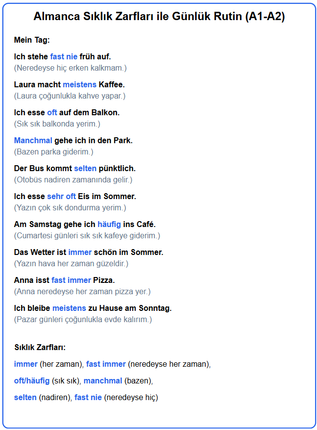 Almanca SIklık Zarfları ile G&uuml;nl&uuml;k Rutin