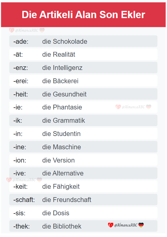 die almanca artikel alan son ekler ve &ouml;rnek kelimeler