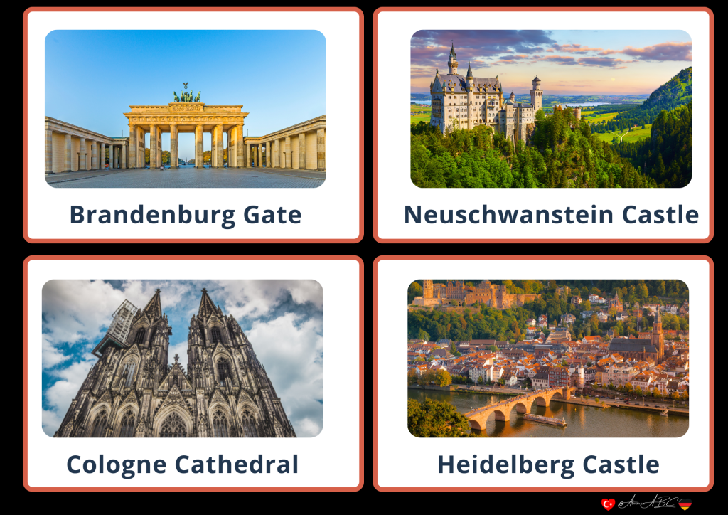 Almanya'da gezilecek pop&uuml;ler yerler kolajı: Brandenburg Kapısı, Neuschwanstein Şatosu, K&ouml;ln Katedrali, Hamburg Limanı