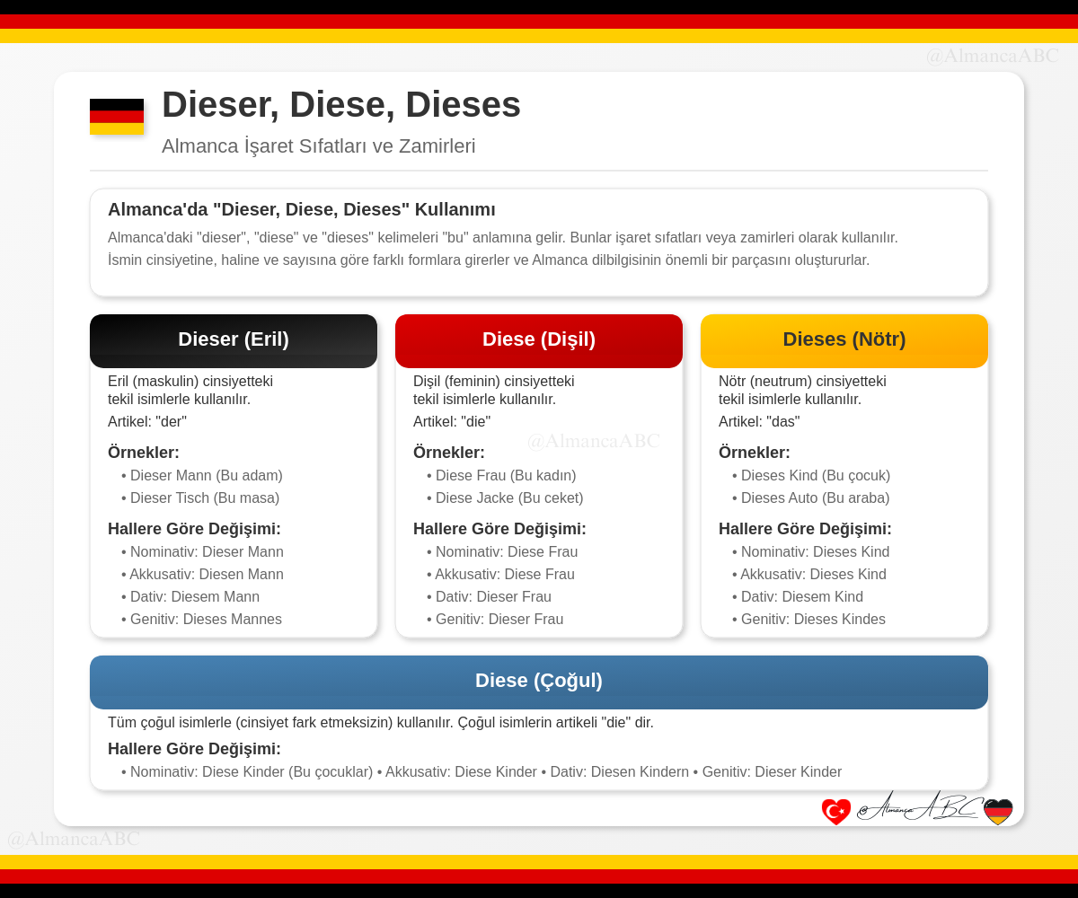 Dieser, Diese, Dieses Almanca İşaret Zamirleri ve Sıfatları