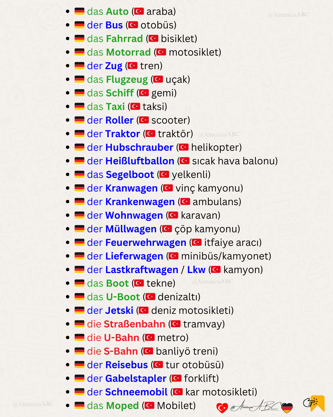 Almanca Taşıt İsimleri (Artikelli Ulaşım Araçları Listesi)