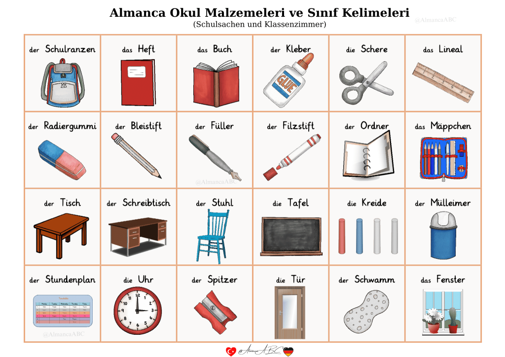 Okul malzemeleri ve sınıf Kelimeleri