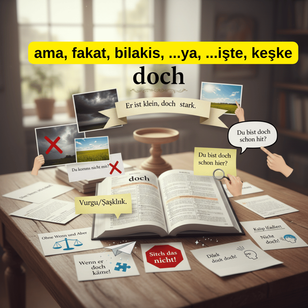 doch ne demek Almanca: Ama, fakat, bilakis, ...ya, ...işte, keşke